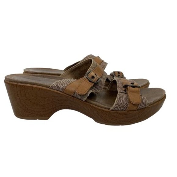 Dansko Jessie Sand Lizard Wedge Sandals Snakeskin Cognac Size 9.5 - Picture 1 of 8